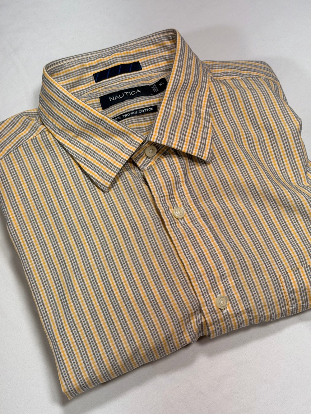 Nautica Men's Yellow & Gray Striped Cotton Button-Down Shirt